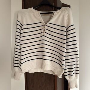 Sezane Cream and Black Striped V-Neck Sweater